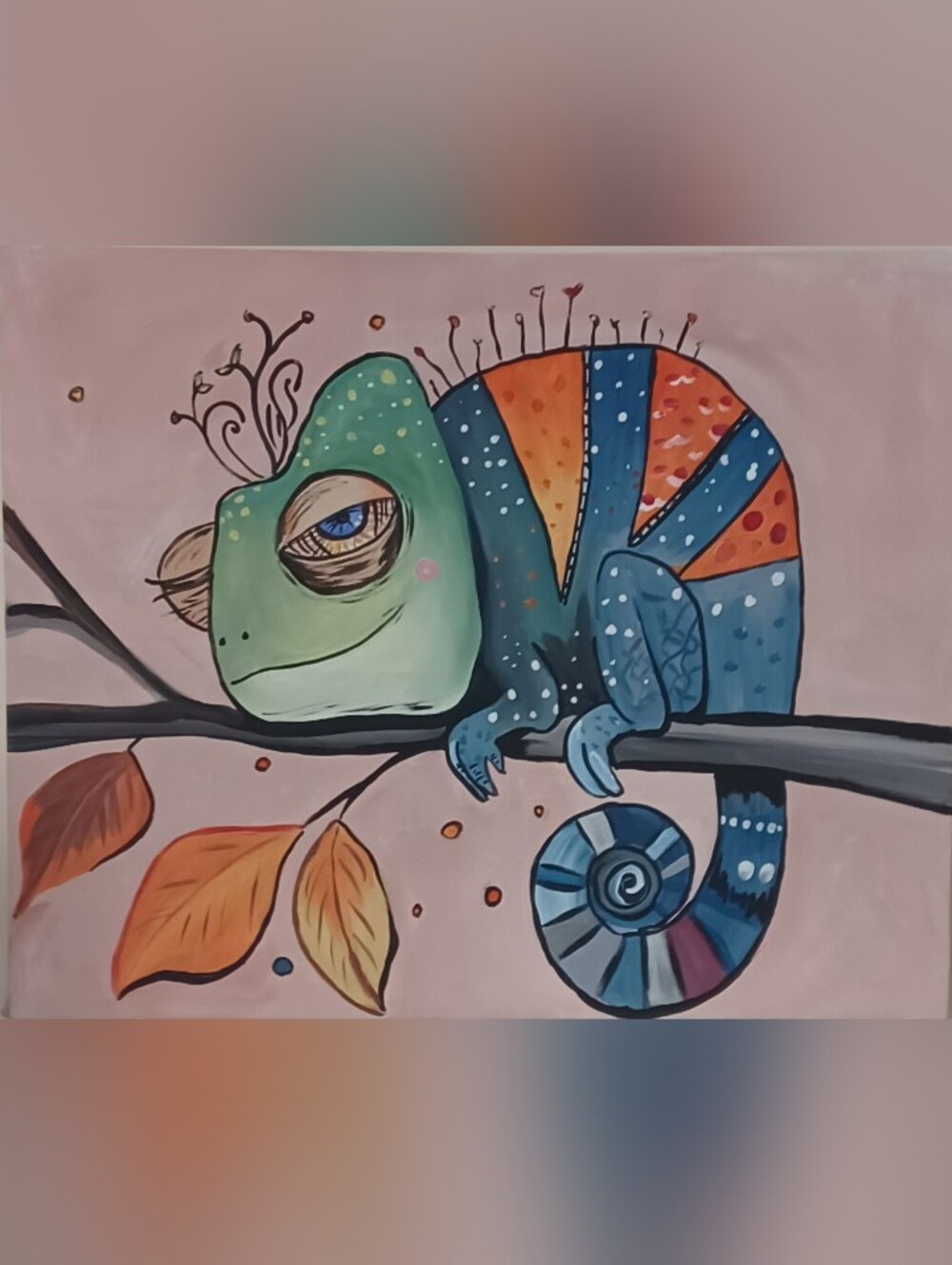 Whimsical Chameleon Canvas Art Painting in Blue, Green & Orange